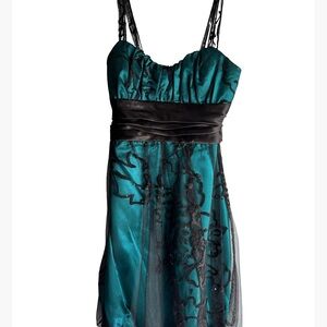 Y2K Trixxi Teal & Black Cocktail Dress Spaghetti Strap Prom Formal